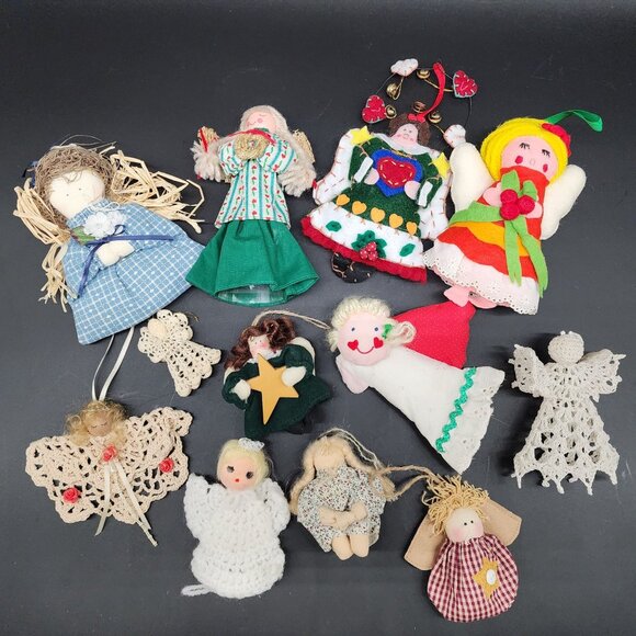 Handmade Angel Christmas Ornament Lot 12 Crochet Satin Ribbon Lace Yarn Felt VTG - Picture 1 of 8